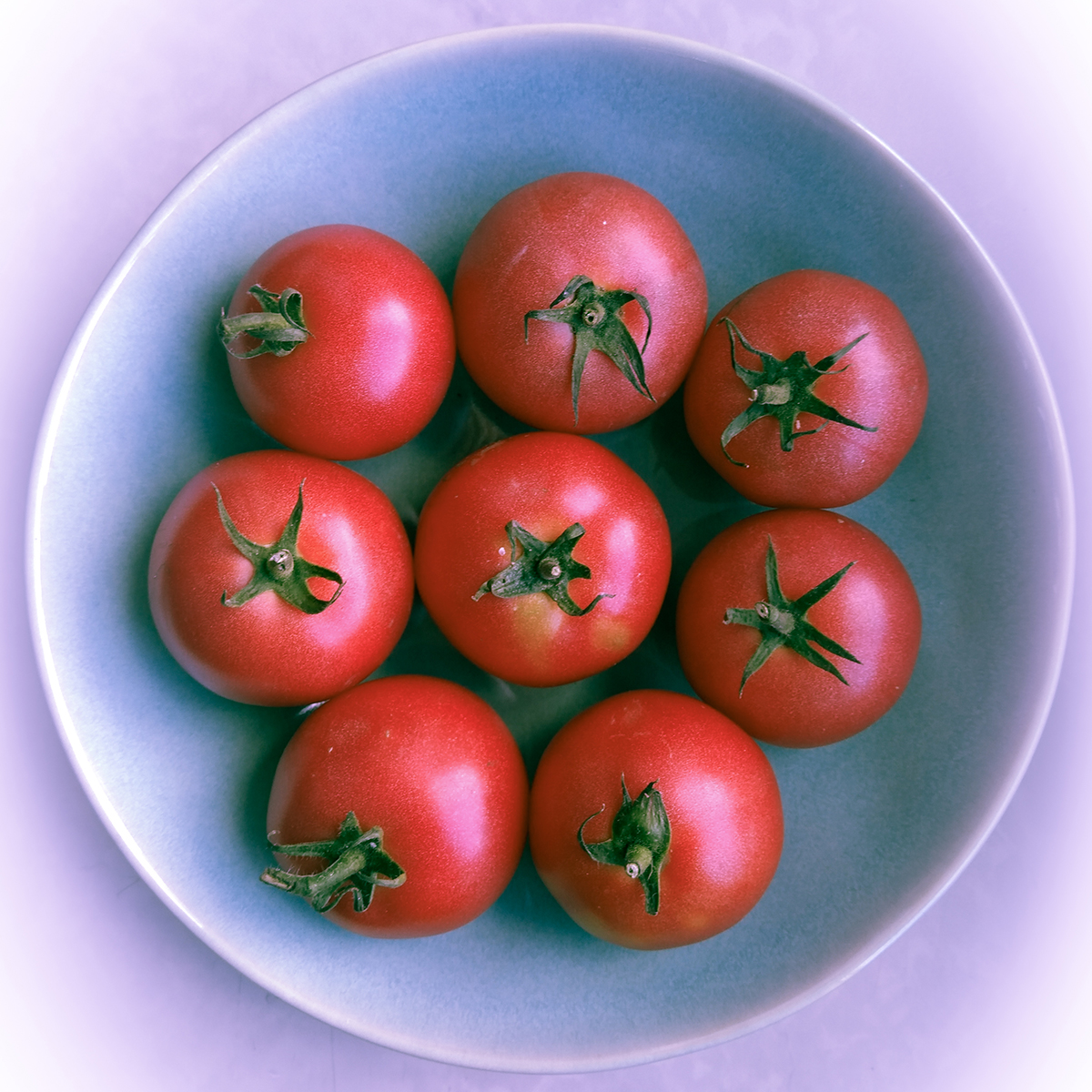 nadążamy za naturą fotografując malinowe pomidory ułożone w misie, widok z góry