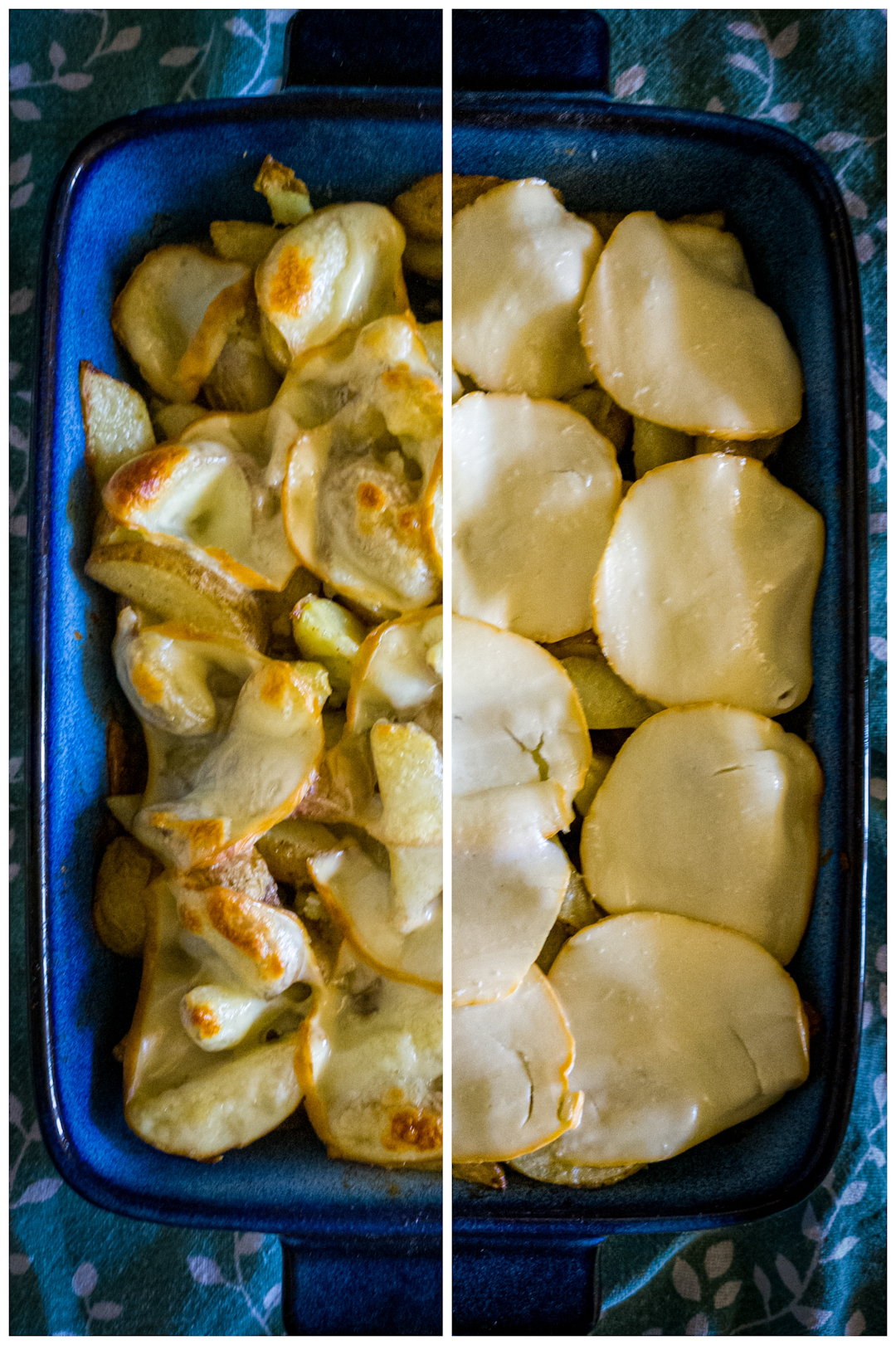 ziemniaki zapiekane, collage: gotowa zapiekanka i pieczone ziemniaki przykryte plasterkami sera