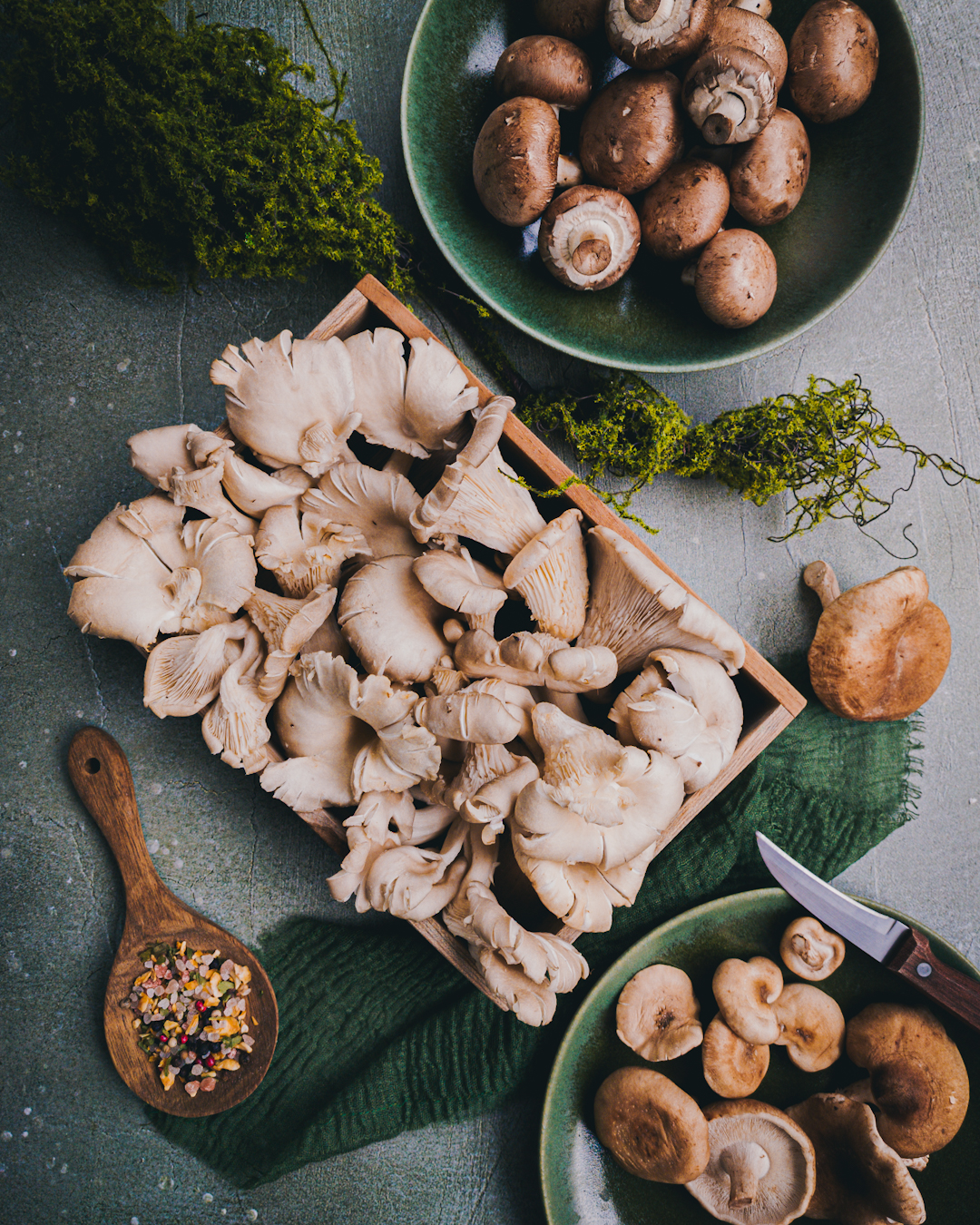 kompozycja z grzybów shiitake, boczniaków i brązowych pieczarek